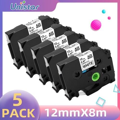 Unistar 5 PACK Compatible for Brother Label Tape 12mm TZe-231 for Label Maker pth110 Printer Ribbons Black on White tze231 tz221
