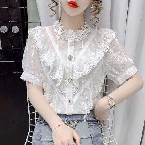 #8347 Beige White Chiffon Shirt Women Spliced Lace Sexy Shirt Femme Casual Vintage Shirt Short Sleeves Thin See Through Clothes