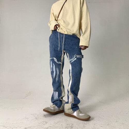 High Street Vibe Hand Painted Stitching Tether Elastic Straight Pants Micro Trumpet Jeans Mens Loose Hip Hop Trousers Denim