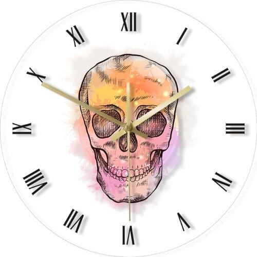 Skull Head With Vintage Roman Numerals Decorative Wall Clock Hand Drawn Scary Skeleton Head Retro Acrylic Wall Watch