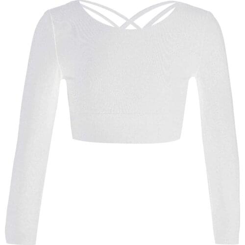 Kids Girls Pure Color Round Neck Long Sleeves Criss Cross Open Back Crop Sport Tops for Active Workout Gym Dance Sports Shirts