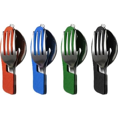 For Hiking Survival Travel 4 in 1 Outdoor Tableware Set Fork / Spoon / Knife / Bottle Opener Stainless Steel Folding Pocket Kits