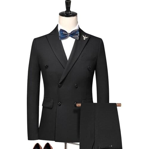 Double Breasted Tuxedo Suit Men Business Work Wedding Formal Sets Solid Suit Jacket with Pant Slim Fit Korean Casual Clothing