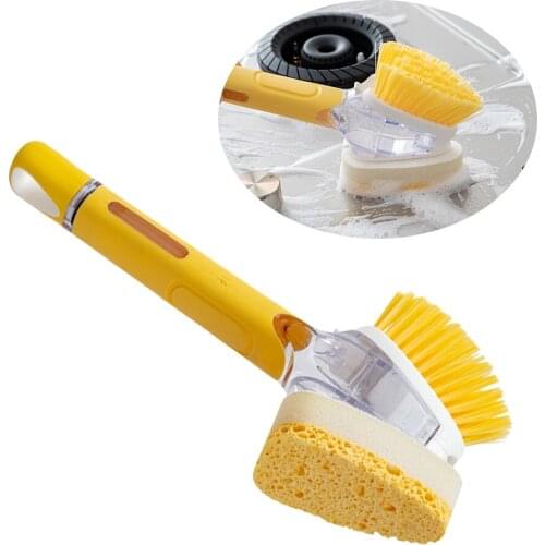 Double-Sided Cleaning Sponge Brush Multifunction Press Detergent DIspenser Long Handle Pot Bowl Dish Washing Kitchen Tool