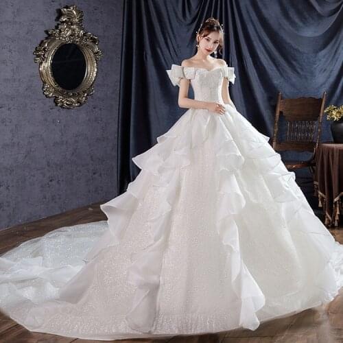 Elegant Boat Neck Princess Wedding Dress With Sweep Train Shining Sequins Ball Gown Plus Size Custom Made Dress Vestido De Noiva