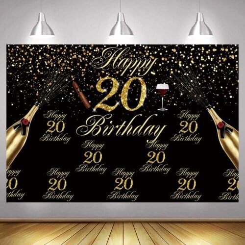 20th Photo Backdrop Boys Black Gold Happy Birthday Party Custom Girls Champagne Decoration Photography Backgrounds Banner