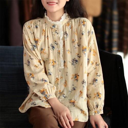 Johnature New 2021 Print Flower O-neck Casual Loose Blouses Vintage Winter Women Tops Cotton Lace Mori Girls Shirts