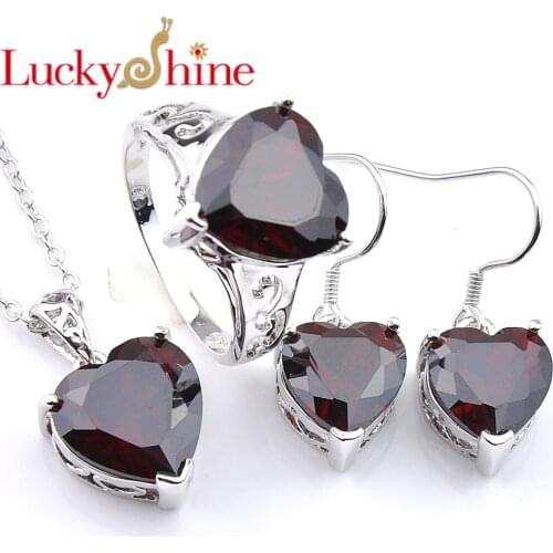 Luckyshine 3Pcs Women Ring Earrings Pendants Bridal Set Red Love Heart Cubic Zirconia Gems Silver Necklaces Xmas Gift Set