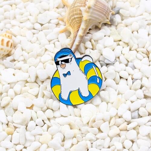 Cool cat in the swimming circle Enamel Brooch White kitten Sunglasses hat bow Fun animals Lapel Pin Happy cat Custom Badge
