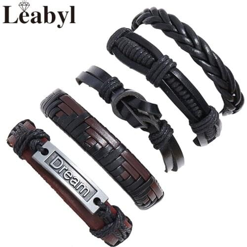 Leabyl Classic Retro Dream Letter Bead Bowknot Braided Wrap Vintage Bracelet Set Black Brown Cow Leather Strap Punk Men Bracelet