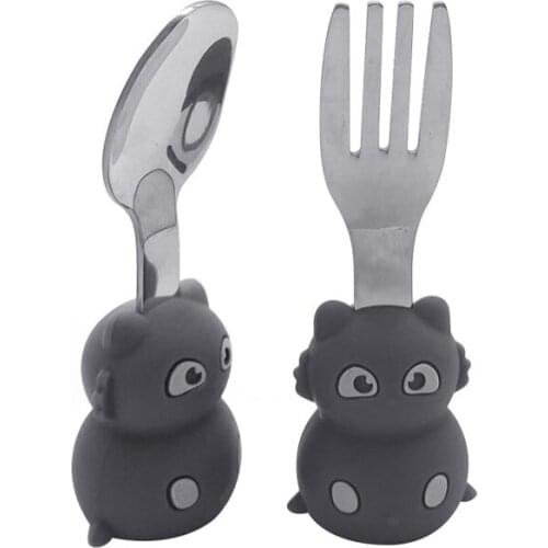 Stainless steel+Silicone Baby Dishes Set Plate Spoon Fork Non-Slip Toddler Self-Feeding Tableware Cute Baby Spoon Fork Dishes