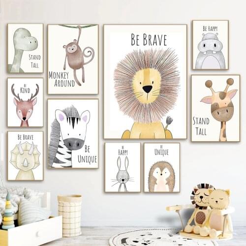 Cartoon Animals Wall Art Kids Bedroom Poster Nordic Nursery Canvas Painting Print Lion Elephant Giraffe Wall Decoration Pictures