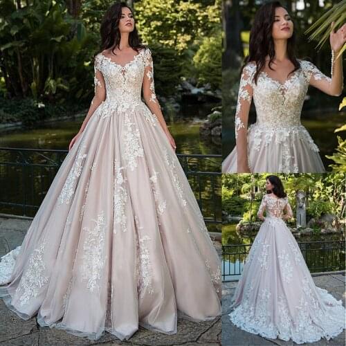 Fascinating Tulle Bateau Neckline A-line Wedding Dresses With Champagne Lace Appliques Long Sleeves Bridal Gowns