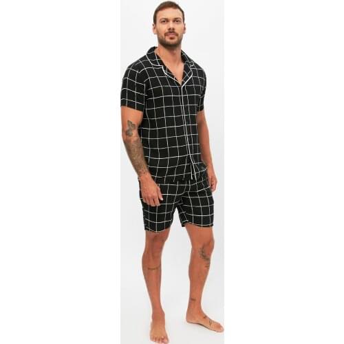 Black Plaid Woven Pajamas Set 100% Viscose Mens Summer/Spring Homewear Fashion