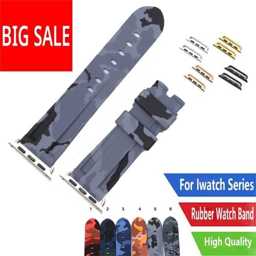 CARLYWET 38 40 42 44mm Camo Blue Red Waterproof Silicone Rubber Replacement Wrist Watch Band Strap For Iwatch Series 4/3/2/1