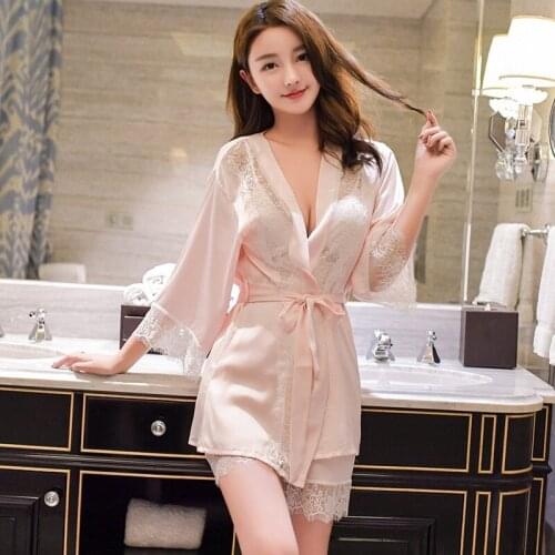 Shetelisi Satin Chiffon Lace Women Bathrobe & Pajamas Set Sexy Robe with Sash and Elastic Waist Pajama set Spring Summer sp0060