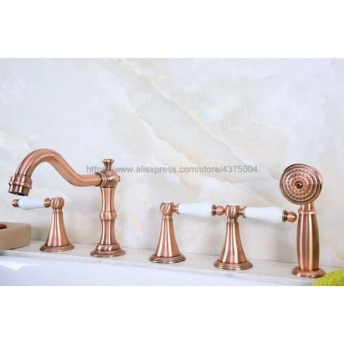 Widespread Antique Red Copper Bathtub Mixer Filler Roman Bath Tub Sink Faucet Deck Mounted 5 holes Ntf212