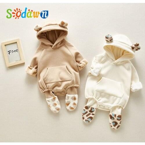 Sodawn 2020 Winter Girl Baby Onesies Plush Ears Newborn Baby Clothes Hooded Romper Thick Plush Clothes