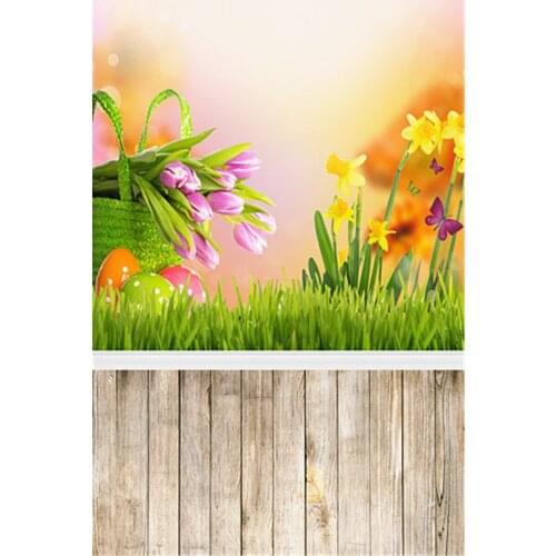 TR Easter Backgrounds Eggs Tulip Flowers Basket Wood Floor Lovely Children Photography Backdrops Grass Spring Photo Custom Props