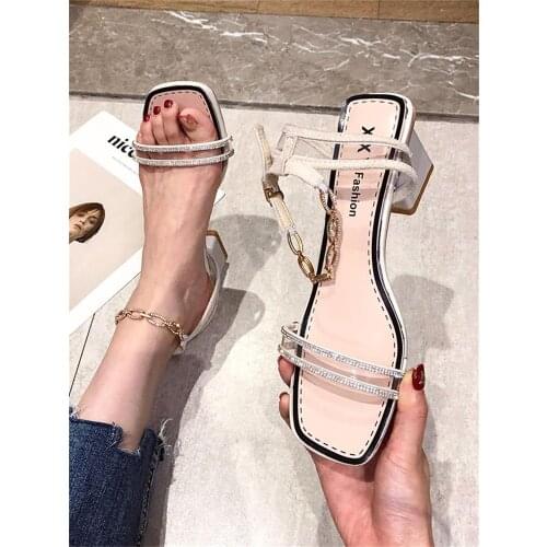 Womens shoes summer 2021 new fashion all-match word with high heels metal chain square toe sexy sandals