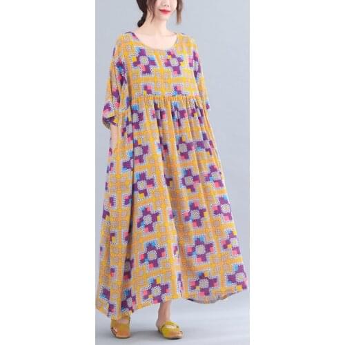 Oversized Dress Print Floral Soft Cotton Linen Vintage Dress Plus Size 5XL 6XL Loose Long Maxi Women Travel Casual Dress