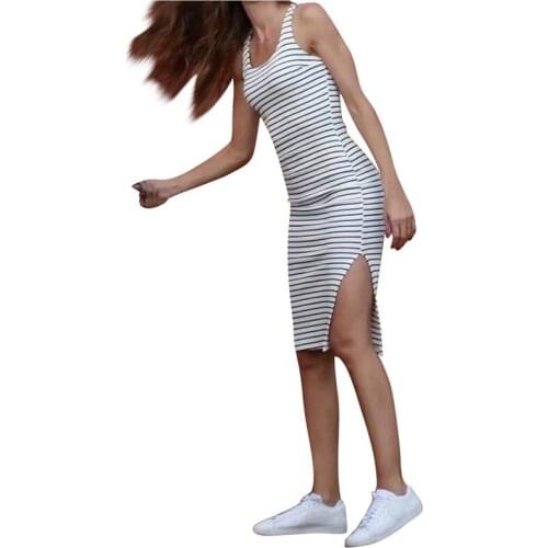 2021 New Casual Summer Dress Womens Stripe Printed O-Neck Split Sleeveless Vest Mini Dress Vest High Quality Robe Ladies Dress