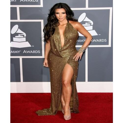 Vestido De Festa Halter Gold Lace Sequin High Slit Backless Kardashian Red Carpet Evening Celebrity mother of the bride Dress