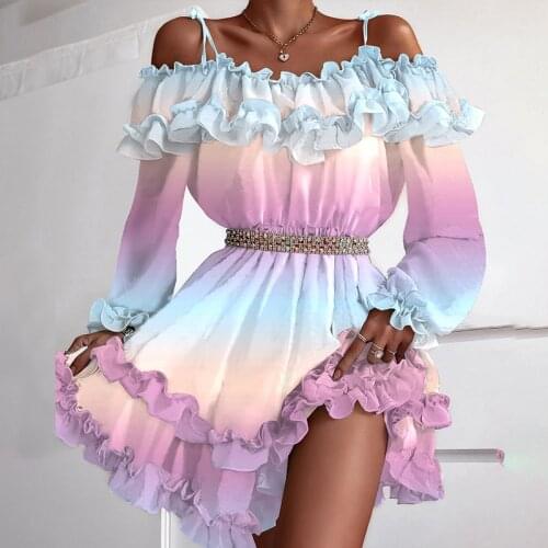 2021 Women Sexy Off Shoulder Cami Ruffles Frill Hem Multicolor Print Dress Casual Long Sleeve Party Mini Dresses