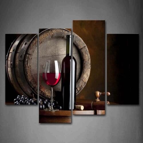 4 Panel Wall Art Fruit Grape Red Wine Glass Picture Art for Kitchen Bar Wall Decor Canvas Prints Wall Paintings Custom