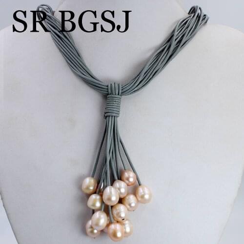 Free Shipping 10-12mm Mixed Freshwater Pink Pearl Beads Gray Leather Cord Magnetic Women Jewelry Necklace 18"