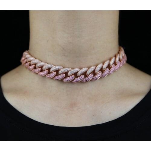 16mm Rose Gold Miami Cuban link Chain Pink Iced Out Bling White Cubic Zirconia Two Tone Colored Hip Hop Fashion Choker Necklace
