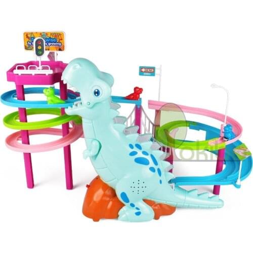 Electric Slide Railcar Track Toy Cartoon Dinosaur Track Set Dinosaur Climb Stairs Music Light Interactive Educational Toys