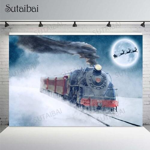 Merry Christmas Photography Background Winter Train Night Moon Snowflake Children Portrait Photocall Backdrop for Photo Studio