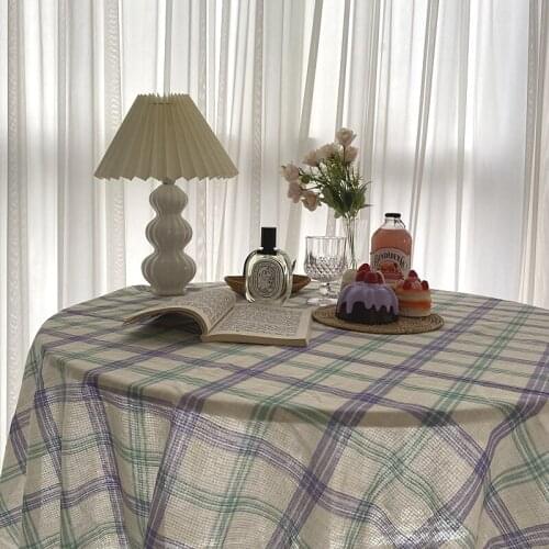 Cotton Purple Table Cloth Korean Grid Ins Tablecloth Elegant Desk Cover Dust-proof Beach Picnic Blanket Mat Dinner Room Decor