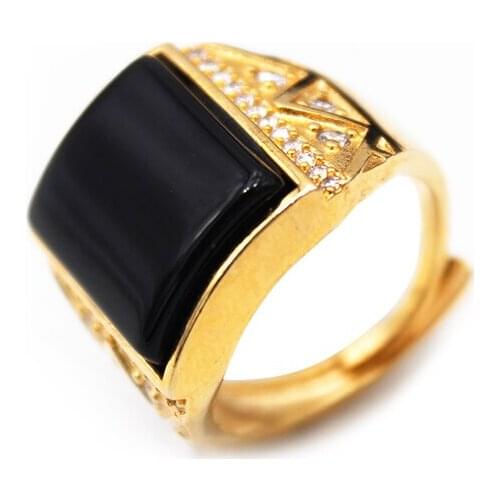 Black Stone Ring for Men Micro Inlay Gold Color Finger Jewelry Resizable To 7-11 Never Fade