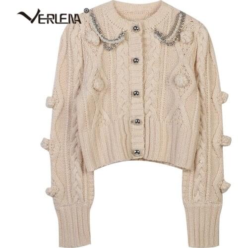 Korean Streetwear Bobble Cable Cardigan Women Silver Buttons Metal Pearl Chain Fall Sweater Verlena 2021 Long Sleeve Winter Tops