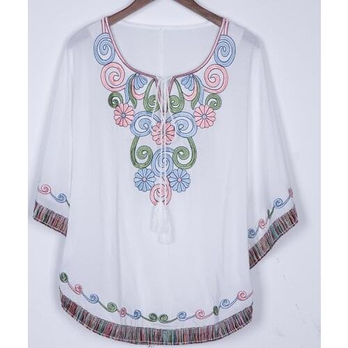 New Summer 2021 Vintage Mexican Ethnic Flower Embroidery Boho Hippie Batwing Blouse Cotton Tops Gown for Women Blusa Feminina