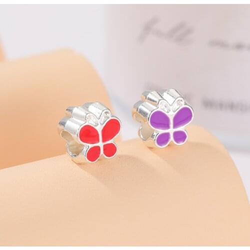 New Original Alloy Bead Purple Red Enamel Butterfly Charm Fit Pandora Bracelet Bangle DIY Women Jewelry Dropship