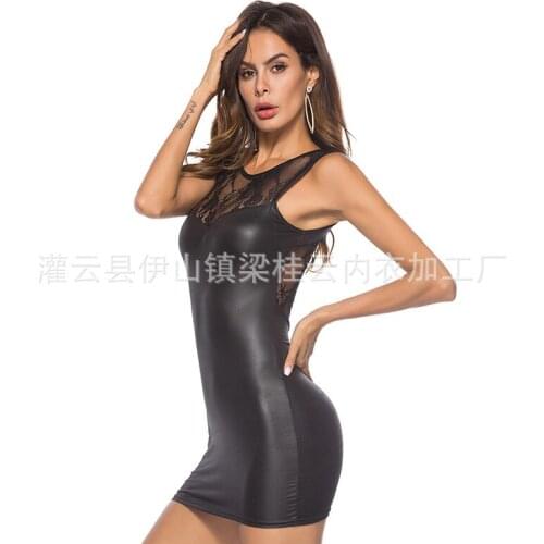 New Lace Patent Leather Dress Sexy Hollow Out Lace Backless Faux Leather Latex Glossy Tight Dress Club Erotic Wear PU Bodysuit