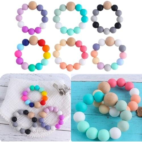 OOTDTY Lets Make Silicone Beads Baby Teether BPA Free Wooden Beads Rainbow Silicone Newborns Teething Bracelet Montessori Toys