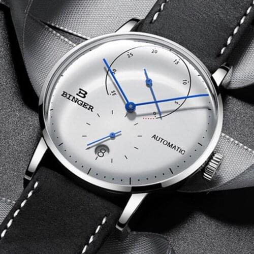 Original BINGER Brand Men stainless steel automatic mechanical male leather strap watch self-wind cruve surface Beyond blue dial