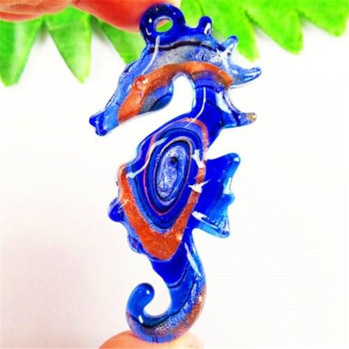 Carved Blue Inlaid Lampwork Glass Sea Horse Pendant Bead