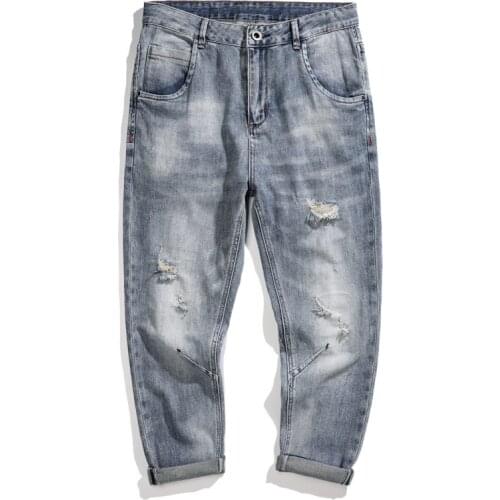 Ripped Jeans Men Light Blue Stretch Harem Pants Mens Cropped Trousers Ankle-length Distressed Frayed Hip Hop Jeans Men Clothes