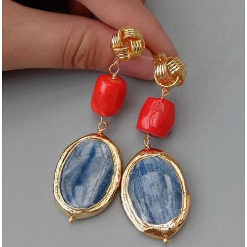 YYGEM Natural Blue Kyanite Oval Shape Red Coral Nugget Dangle Earrings