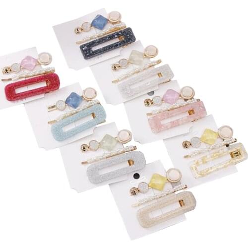 3pcs/Set Crystal Hairpins Fashion Pearls Acetate Geometric Hair Clips Women Girls Sweet Hairband Barrettes Hair Accessories
