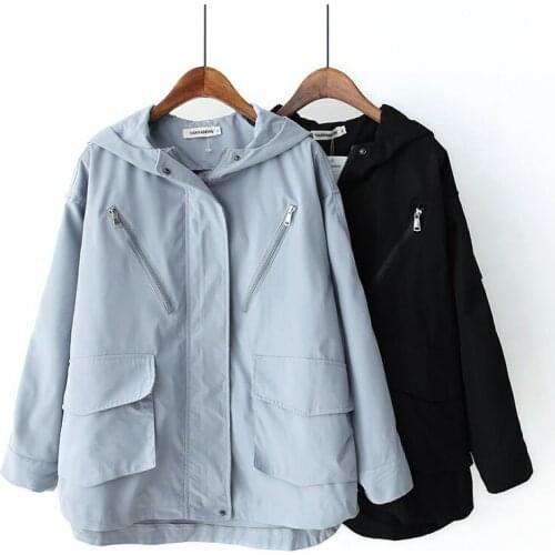 Oversized 100kg Womens Coat Pocket Hooded Zipper Jacket 2020 New Spring Autumn Casual Windbreaker Outerwear Tooling Female 1849