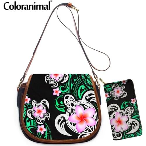 Coloranimal Brand Design Polynesian Plumeria and Turtle Prints PU Shoulder Bag for Ladies 2Pcs Crossbody Bag With Purse Bolso