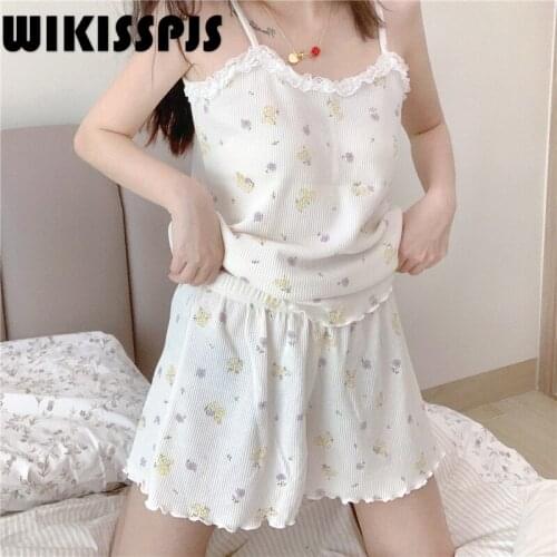 2021Cute Little Floral Lace Suspender Shorts PAJAMAS Suit Pajamas for Teen Girls Two Piece Set Summer Lounge Wear Sleep Tops