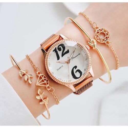 Luxury 5pcs Set Watch For Women Magnet Arabic Numerals Unique Dial Ladies Watches Bracelet Rose Gold Clock relogio Dropshipping