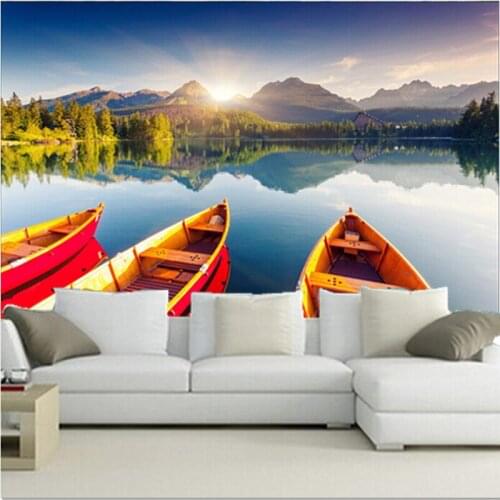 Custom 3D large mural,Lake Boats Mountains Nature wallpapers papel de parede,living room TV wall bedroom wallpaper